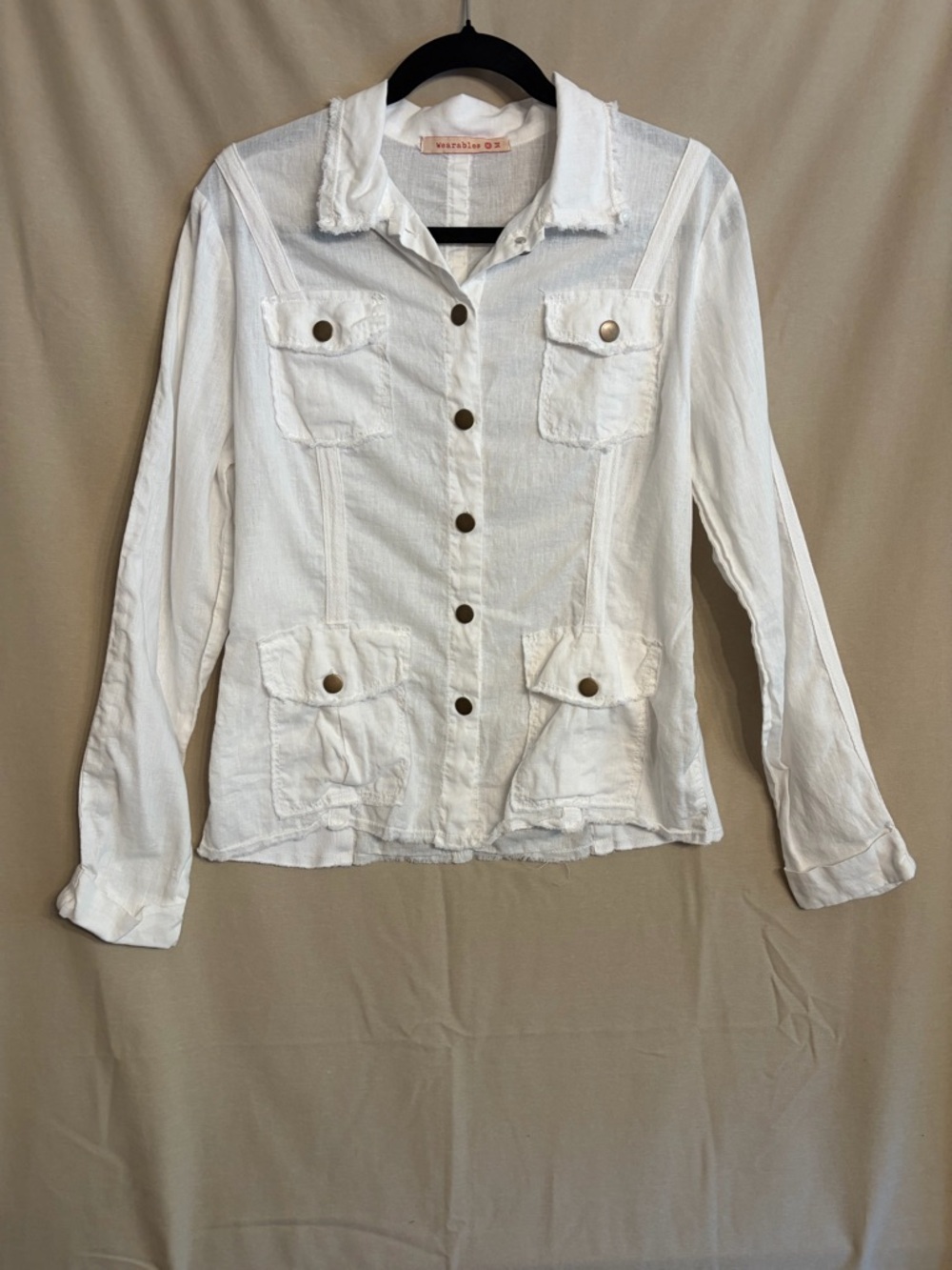 Wearables White Raw Edge Safari Jacket Top Linen/Cotton Blend Brass Buttons
